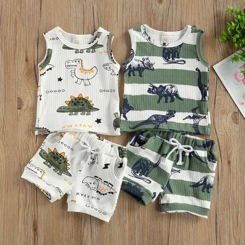 Vista 7 de Ledy Champswiin Ropa de niño para bebé, traje de verano con estampado de letras de dinosaurio, tops de algodón y pantalones cortos elásticos grises