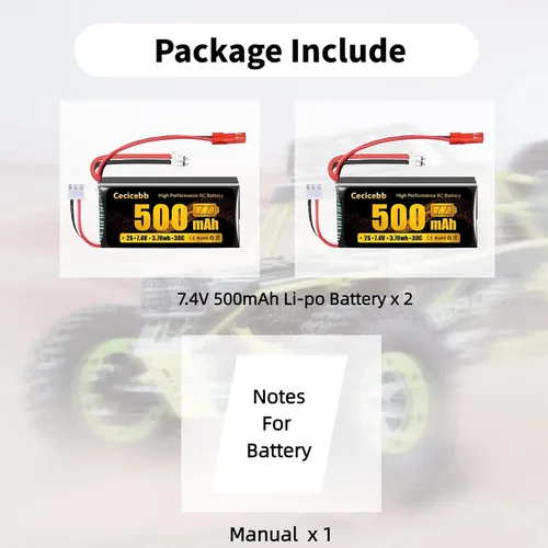 Vista 6 de Batería Lipo de 7.4 V 2S 30C 500mAh recargable RC Lipo con JST y PH2.0 enchufe para Axial SCX24 RC Car y 1/10, 1/16, 1/18, 1/24 RC Cars Vehículos
