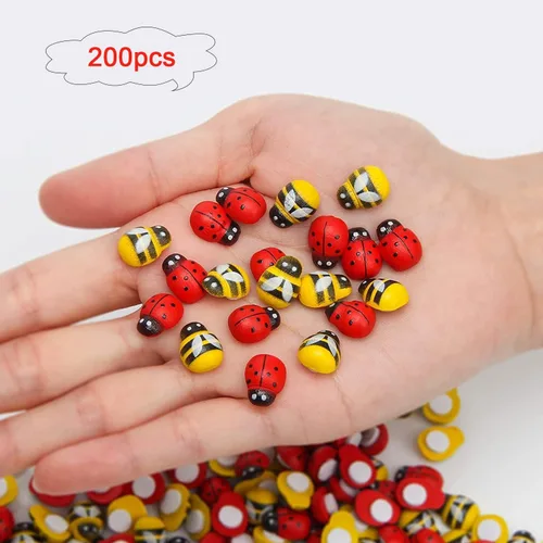 Vista 7 de 200 adornos de madera para manualidades, abejas, autoadhesivas, para decoración del hogar, pequeñas mariquitas, calcomanías de decoración de pared