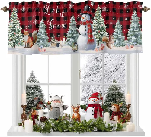 Vista 9 de Cenefa de cortina de muñeco de nieve de Navidad para ventanas, sala de estar, cocina, baño, cafetería, copo de nieve de invierno, ramas de pino