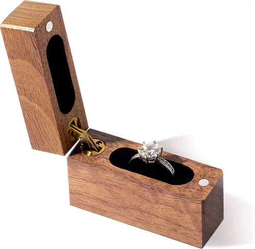 Vista 3 de Wislist Caja de anillos de compromiso de madera pequeña y delgada para propuestas boda madera de nogal