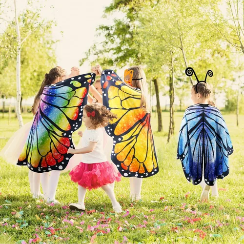 Vista 4 de D.Q.Z Chal de alas de mariposa de hadas para niñas, capa y máscara de diadema de arco iris, Halloween, fiesta de disfraces