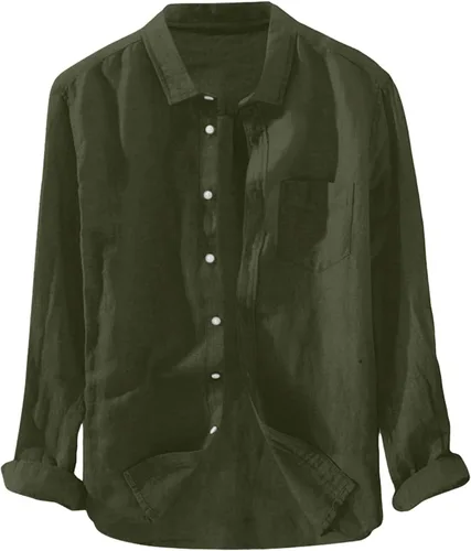 Vista 8 de Camisa de lino para hombre, manga larga, cómoda, abotonada, lisa, ligera, holgada, con bolsillos