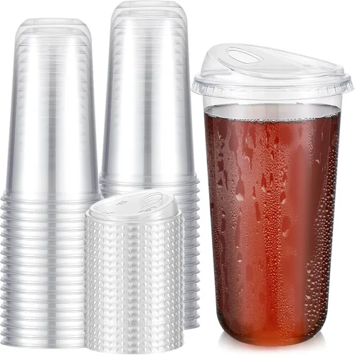 Vista 15 de Ziliny 50 juegos de tazas de café de plástico transparente con tapas para beber, tazas desechables de plástico PET transparente para café helado