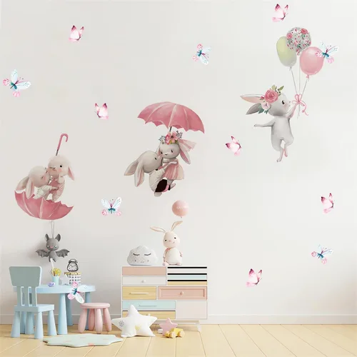 Vista 2 de Calcomanías de pared con diseño de conejos, mariposas, conejos