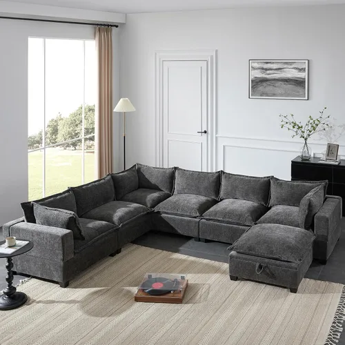 Vista 30 de Sofá modular de 103 pulgadas con 2 consolas acrílicas, juego de sofá en forma de U de gran tamaño con cargador USB, cajones de almacenamiento, Beige