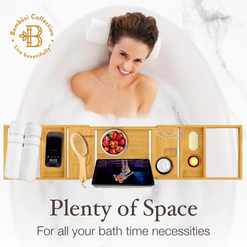 Vista 6 de Bambüsi Mesa de bandeja de bañera, plegable y ajustable, bandeja de bañera de bambú plegable, accesorios de bañera de madera, regalos únicos