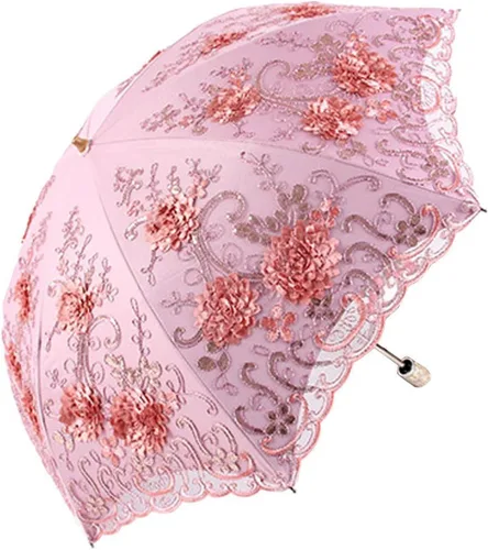Vista 8 de Honeystore Sombrilla bordada con flor 3D plegable UV con encaje clásico