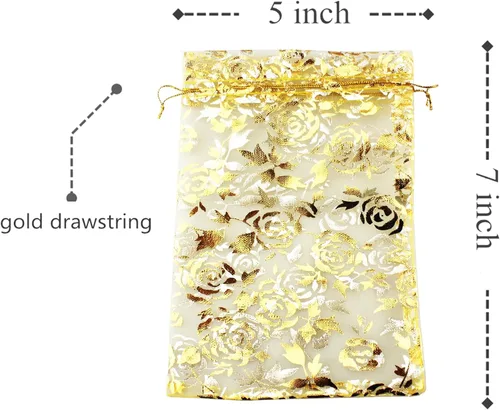 Vista 2 de QIANHAILIZZ 5 x 7 pulgadas 100 piezas corazón flor organza joyería bolsa de regalo bolsa de caramelo bolsa cordón boda favor bolsas P835
