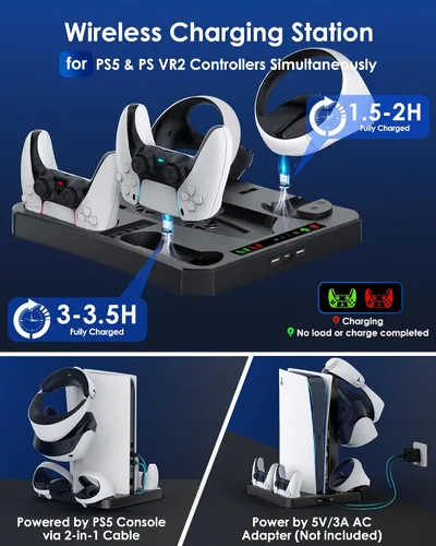 Vista 3 de HAPAW Charging Station for PS VR2 PS 5 with Cooling Fan & Accessories Organizer, PS5 PSVR 2 Controllers Charger Charging Dock, PS5 Console Cooling