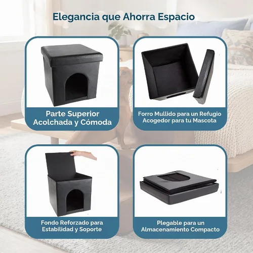 Vista 6 de Cat House - Otomana plegable multiusos para perros o gatos pequeños con reposapiés, parte superior acolchada y almohada interior (negro)