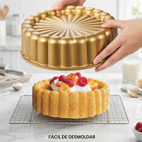 Vista 6 de Goaste Charlotte Cake Pan de 9.5 pulgadas, molde acanalado reutilizable, aluminio antiadherente con forma de flor para queso, chocolate, tarta