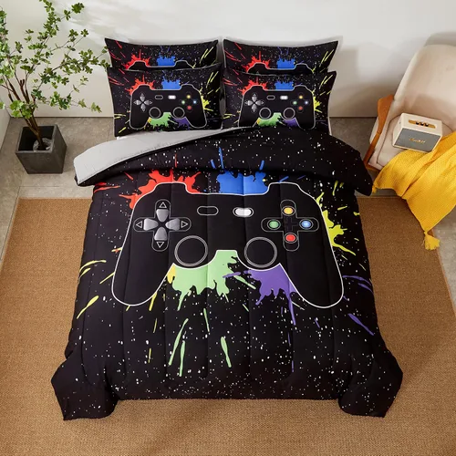 Vista 2 de akkialla Juego de edredón de tamaño matrimonial para niños y adolescentes, edredón colorido con 2 fundas de almohada, juego de ropa de cama de 3