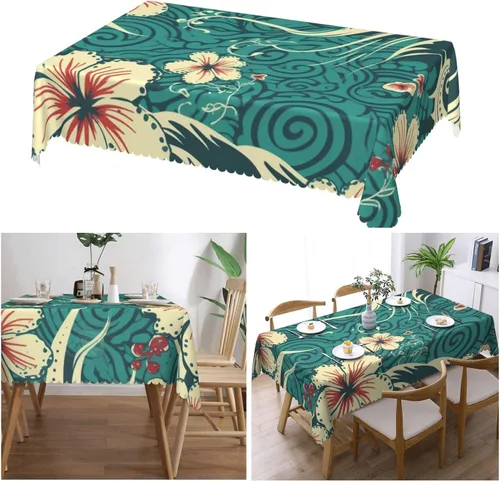 Vista 7 de KHiry Manteles rectangulares de 54 x 72 pulgadas, diseño de algunas olas e hibisco, impermeable, resistente, mantel decorativo, sin arrugas