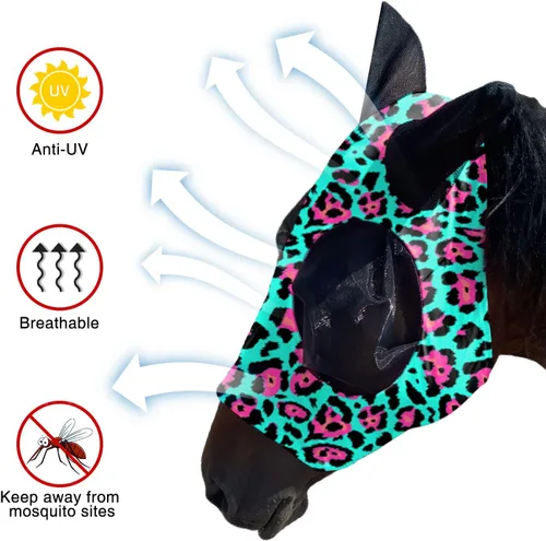 Vista 4 de Máscara de mosca de caballo UV mejorada con orejas, protector solar equino, licra silenciosa, elástica, con protección para los oídos