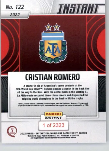 Vista 2 de Panini Instant FIFA World Cup # 122 Cristian Romero Argentina - Tarjeta de intercambio oficial de fútbol de Panini en estado Raw (NM o mejor)