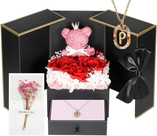 Vista 10 de Bonito regalo de oso de rosas reales preservadas con collares iniciales chapados en oro de 18 quilates para mujeres, día de la madre, cumpleaños