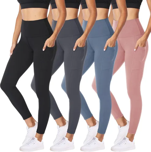 Vista 51 de NexiEpoch - Paquete de 4 leggings suaves para mujer, con bolsillos, control de abdomen y cintura alta, pantalones capri para yoga y ejercicio