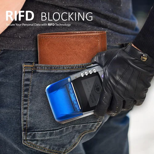 Vista 38 de Cartera de cuero RFID hecha a mano para hombres, elegante cartera de bolsillo frontal triple con 2 ranuras para identificación y 9 tarjetas, Azul