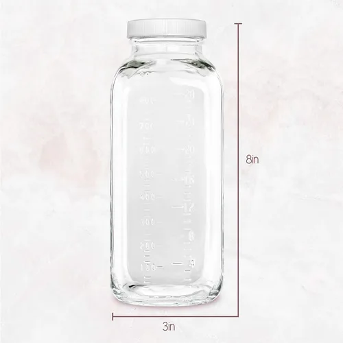 Vista 4 de Kitchenentoolz - Botella cuadrada de vidrio de 32 oz con tapas herméticas de metal blanco - Jarras de leche reutilizables vintage - Recipientes