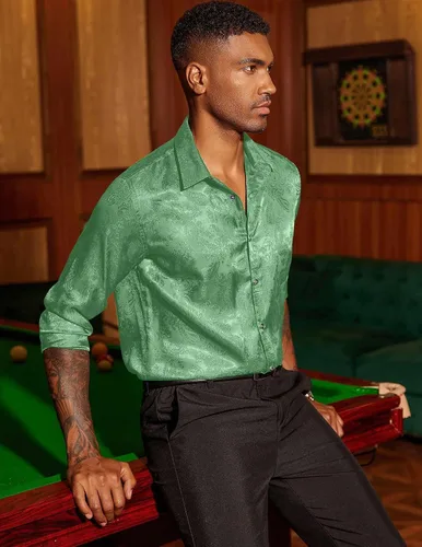 Vista 4 de COOFANDY Camisa de vestir de satén de seda para hombre, camisa de manga larga con estampado floral, camisas de cachemira con botones para bodas