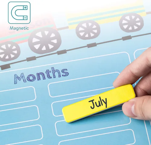 Vista 3 de Navaris Calendario magnético para niños, gráfico magnético de aprendizaje diario con clima, fecha, mes, día, temporada para niños, diseño de tren