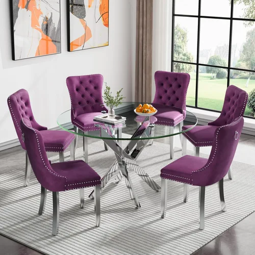Vista 68 de Juego de mesa de comedor SSLine moderno de 3 piezas con mesa redonda de vidrio para 2, lujosa mesa de comedor circular de 36" con tapa de vidrio