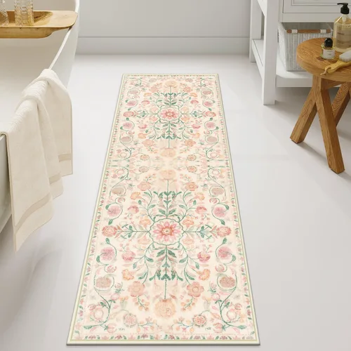 Vista 17 de Uphome Alfombra de baño bohemia con diseño floral beige, ultra suave, antideslizante, vintage, lavable a máquina, alfombra de baño floral para baño