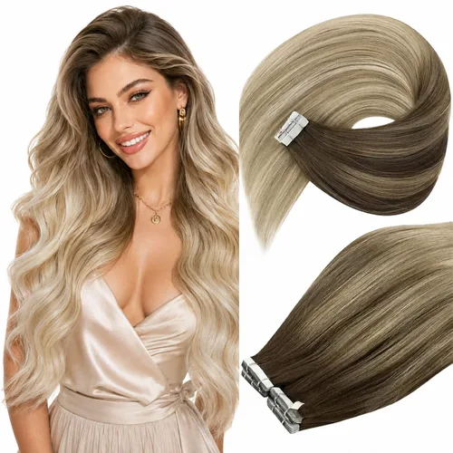 Vista 13 de Ve Sunny Extensiones de cabello humano real con cinta, cabello humano Remy, lacio, doble cara, color marrón oscuro, balayage, rubio dorado oscuro