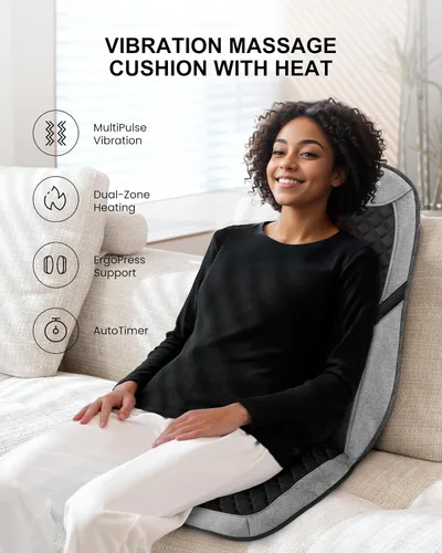 Vista 2 de COMFIER - Masajeador de espalda con calor, almohadilla para silla de masaje, cojín de asiento de masaje con soporte lumbar ajustable, masaje