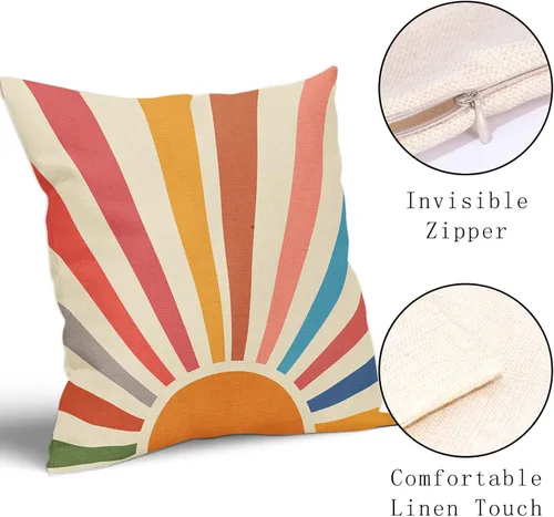 Vista 3 de Kawani Fundas de almohada de estilo bohemio con sol y atardecer 16x16, juego de 2 fundas de almohada decorativas de lino con arcoíris colorido