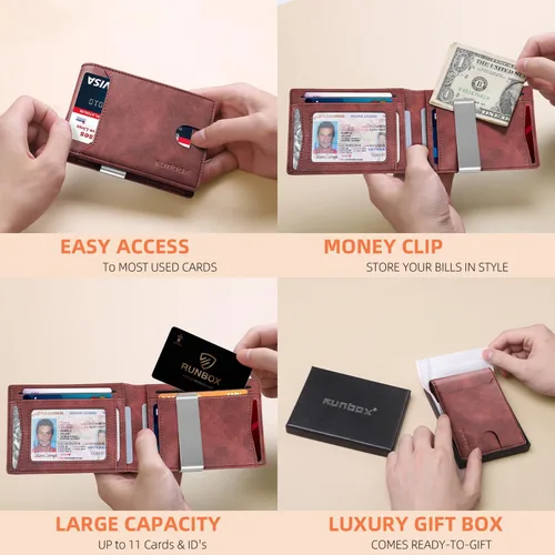 Vista 36 de RUNBOX - Carteras delgadas para hombre, cartera de piel con pinza para el dinero, cartera de bolsillo frontal con bloqueo RFID, tarjetero