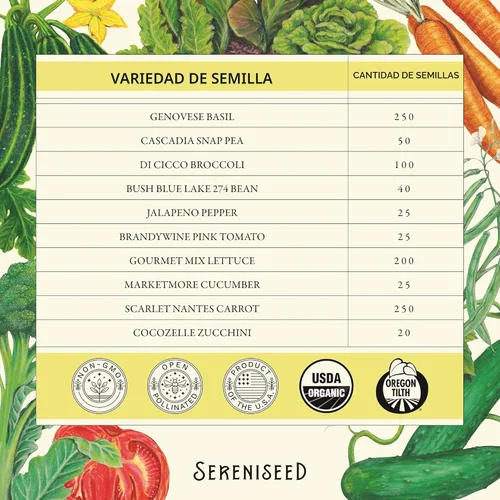 Vista 3 de Sereniseed Semillas de Verduras Certificadas Orgánicas (Paquete de 10) – Sin GMO, Polinización Abierta - Albahaca, Guisantes, Brócoli, Frijol