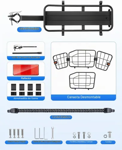 Vista 5 de Cesta trasera para bicicleta, estante de carga de aluminio para bicicleta, cesta de bicicleta de capacidad de 22 litros, plegable y extraíble