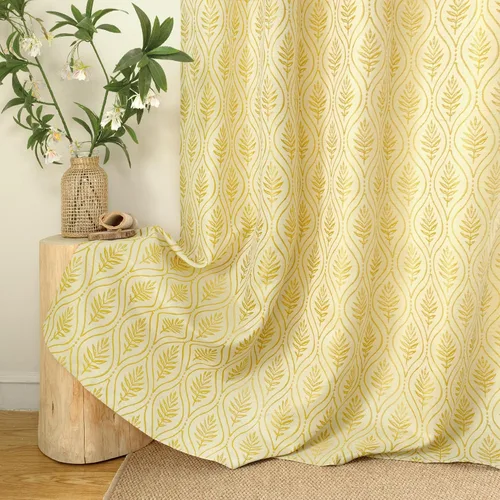 Vista 6 de BGment - Cortinas francesas de campo amarillas mostaza de 63 pulgadas de largo para dormitorio, patrón botánico de jacquard de hojas, estilo rústico