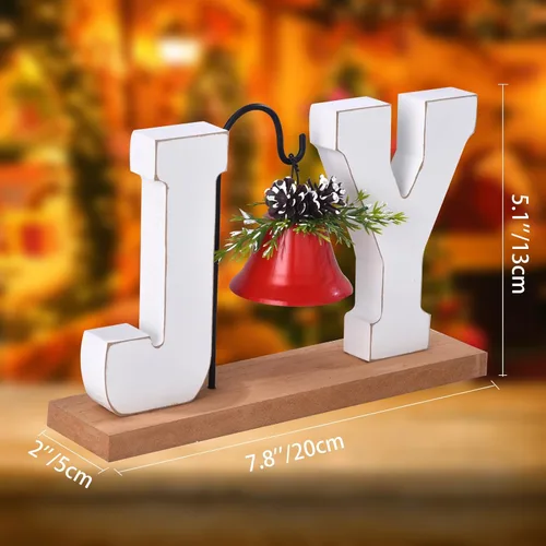 Vista 2 de Decoración navideña de madera "Joy", letrero artesanal de madera con campana, adorno de mesa rústico, centro de mesa estilo granja, bloque