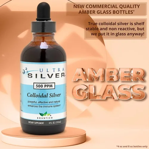 Vista 7 de Ultra Silver® Plata coloidal 10,000 PPM, 8 onzas (8.0 fl oz) Se envía como (2) botellas de vidrio de 4 onzas Suplemento mineral Plata