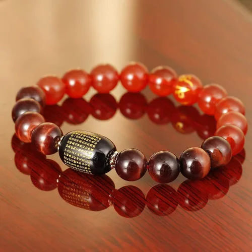 Vista 7 de Jewever Pulsera de triple protección Feng Shui, brazalete curativo, ojo de tigre, obsidiana, cuentas de ágata sutra de 0.394 in, amuleto de piedra