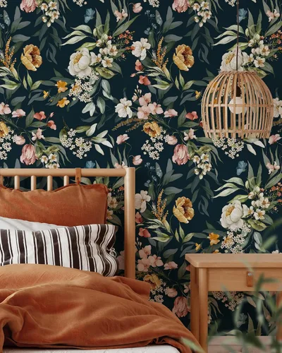 Vista 3 de Papel pintado de flores oscuras Papel tapiz floral autoadhesivo extraíble Papel tapiz de peonías y hojas para despegar y pegar