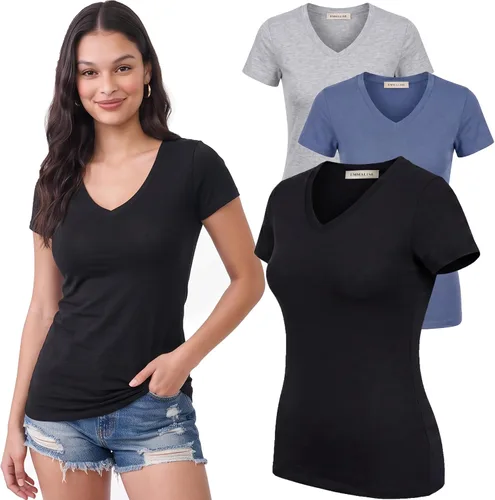 Vista 153 de Emmalise Camiseta de manga corta para mujer, cuello en V, tallas junior y plus