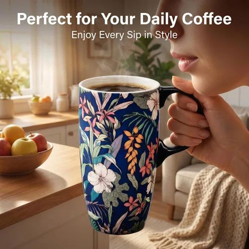 Vista 5 de DUSVALLY Juego de 2 tazas de viaje de cerámica con tapas, juego de tazas florales grandes de 17 onzas con asas, aptas para microondas