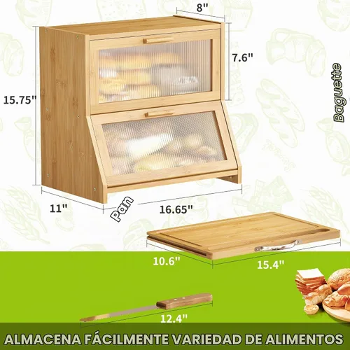 Vista 7 de BMOSU Panera grande de doble capa con tabla de cortar para encimera de cocina, panera con ventana de vidrio esmerilado de bambú (natural)