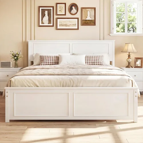 Vista 13 de Giantex Marco de cama individual con cabecero, cama de plataforma de madera maciza de mediados de siglo, cama de panel individual con soporte