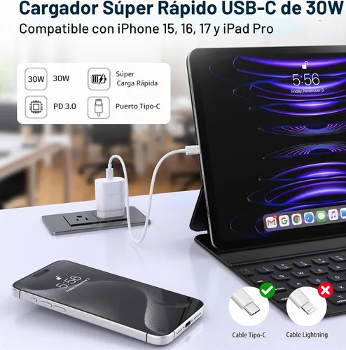 Vista 7 de TT&C - Bloque de cargador USB C de 30 W, adaptador de corriente de enchufe de pared para iPhone 17, 16, 15