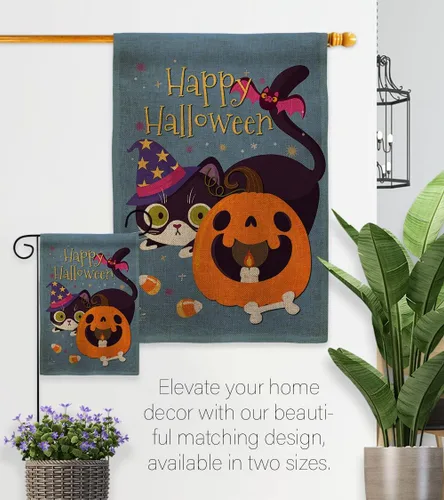 Vista 8 de Juego de bandera de casa de arpillera de gato brujo para otoño, Halloween, truco o trato espeluznante noche negro temporada otoño calabaza