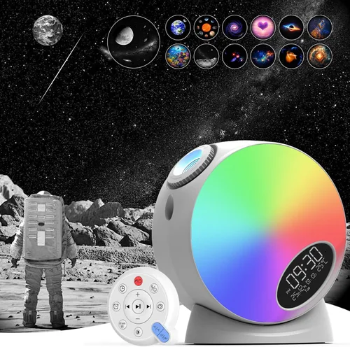 Vista 9 de Proyector Galaxy Pro para dormitorio, proyector de estrellas planetario 13 en 1, luz nocturna con temporizador y ruido blanco, control remoto, reloj