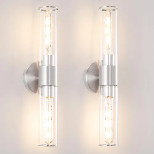 Vista 13 de Juego de 2 apliques de pared de níquel cepillado (solo cableado), lámparas de tocador de baño, modernas luces de pared cilíndricas de vidrio