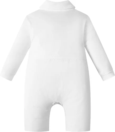 Vista 5 de MOMMY'S NEW MAN Traje de bautismo para recién nacido, mono de caballero con pajarita, mameluco blanco, traje de boda, traje de bautizo