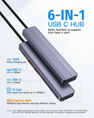 Vista 3 de Hub USB C 6 en 1 de 10 Gbps, adaptador HDMI multipuerto para MacBook 4K a 60Hz a USB C 3.2, puertos USB-3.2 de 3 puertos, 100 W PD, lector de crard