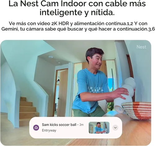 Vista 3 de Google Nest Cam Indoor (con cable, 3ª generación) - Cámara de seguridad con video 2K y Gemini, visión nocturna, audio bidireccional, funciona